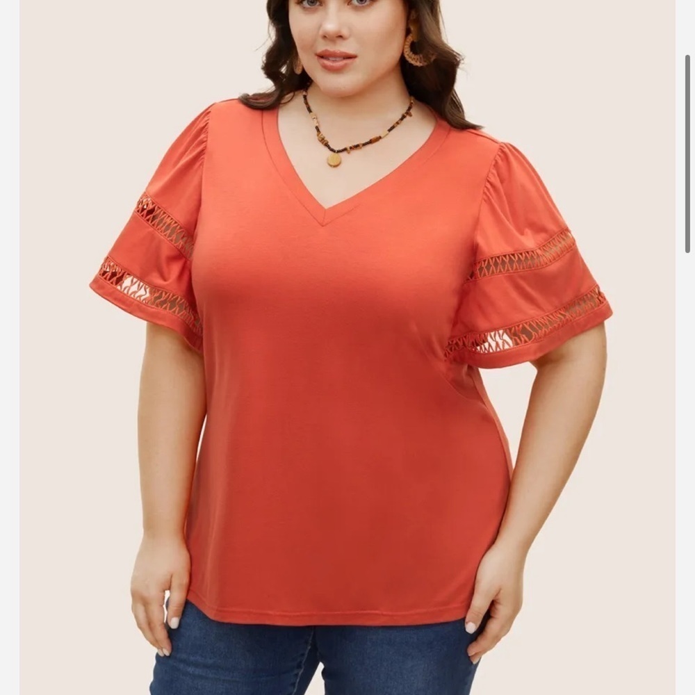 BloomChic Plus Size Solid Cut Out Patchwork Ruffle Sleeve T-shirt - Picture 3 of 6